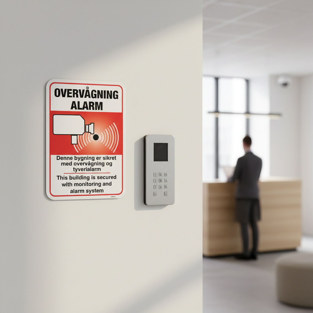 Alarm og Overvågningsskilt - Denne bygning er sikret med overvågning og tyverialarm, This building is secured with monitoring and alarm system skilt - Billede 5