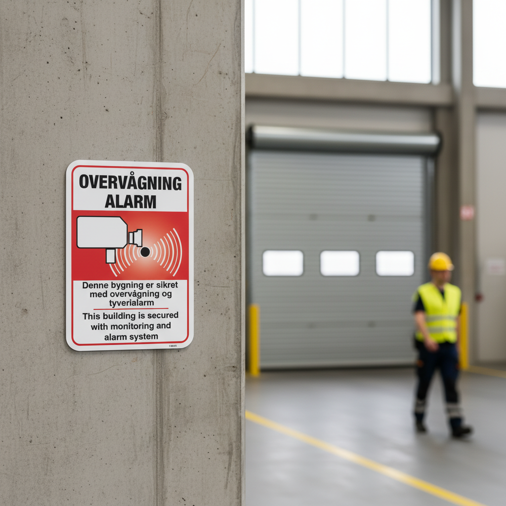 Alarm og Overvågningsskilt - Denne bygning er sikret med overvågning og tyverialarm, This building is secured with monitoring and alarm system skilt - Billede 3