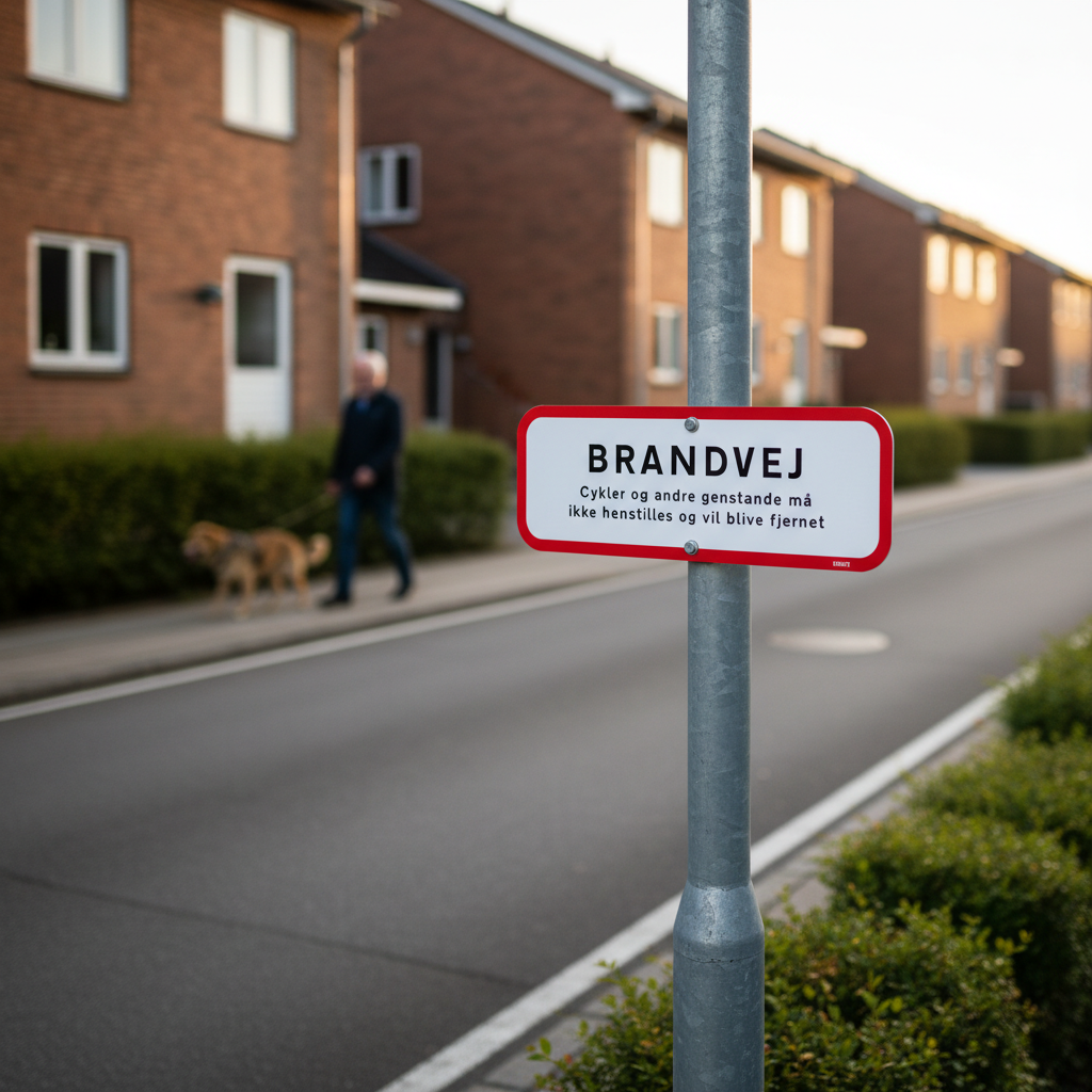 Brandvej.Cykler og andre genstande må ikke henstilles og vil blive fjernet.  Firkantet skilt - Billede 5