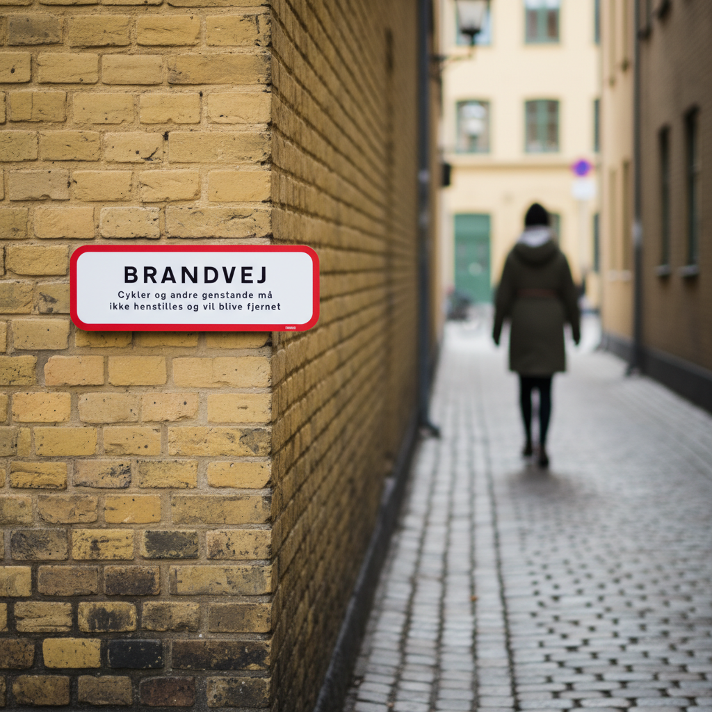 Brandvej.Cykler og andre genstande må ikke henstilles og vil blive fjernet.  Firkantet skilt - Billede 4