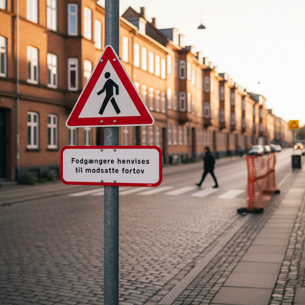 Fodgængere henvises til modsatte fortov skilt - Billede 3