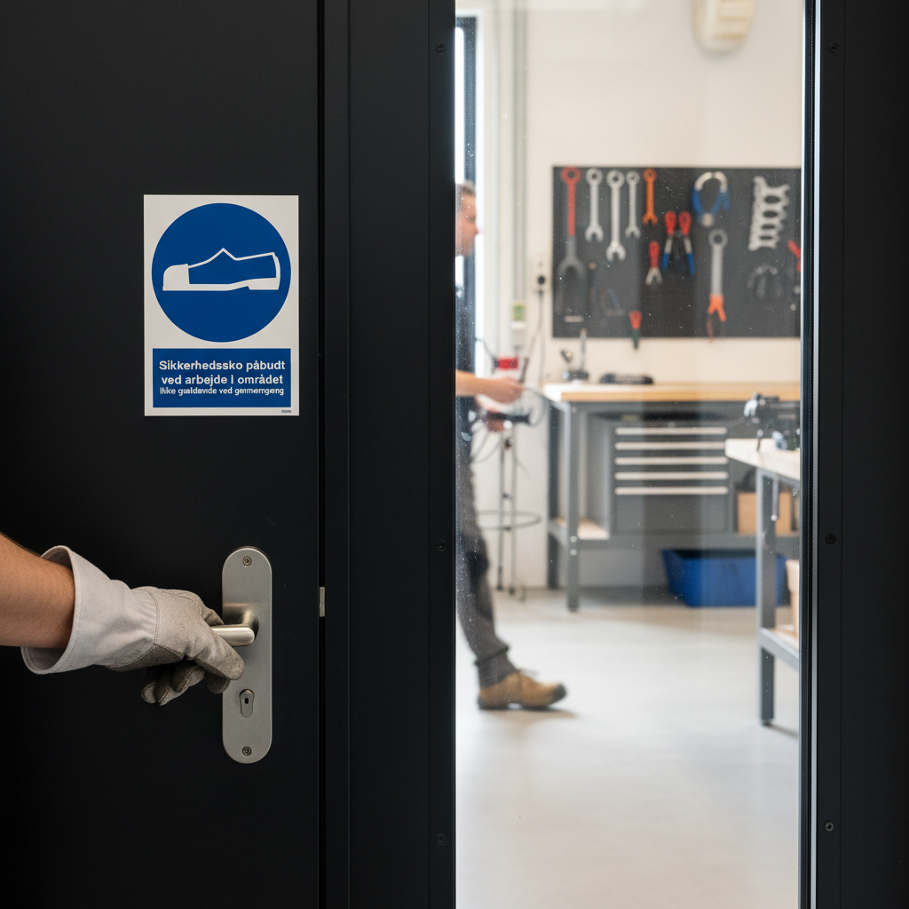 Sikkerhedssko påbudt ved arbejde i området ikke gældende ved gennemgang Skilt - Billede 3