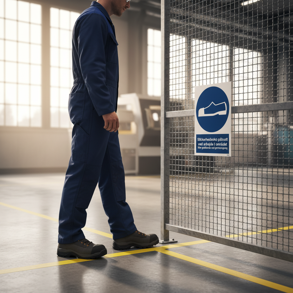 Sikkerhedssko påbudt ved arbejde i området ikke gældende ved gennemgang Skilt - Billede 4