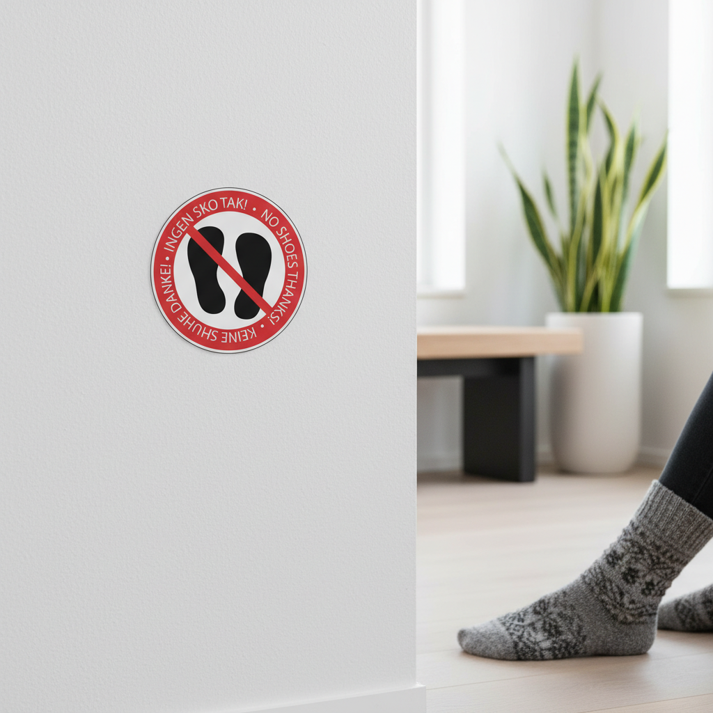 Ingen sko tak! No shoes thanks! Keine shuhe danke! skilt - Billede 4