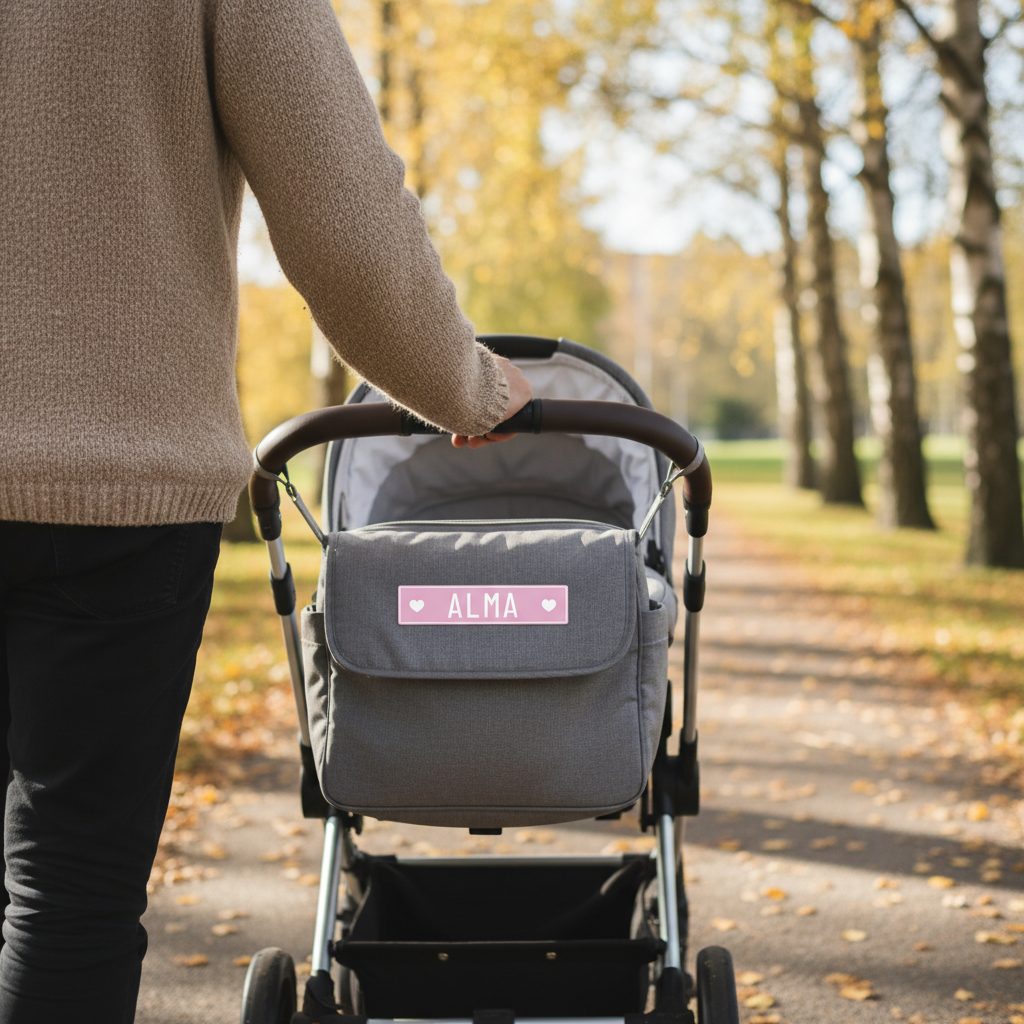 Baby nummerplade skilt til barnevogn med navn - lyserød med hjerter - Billede 3