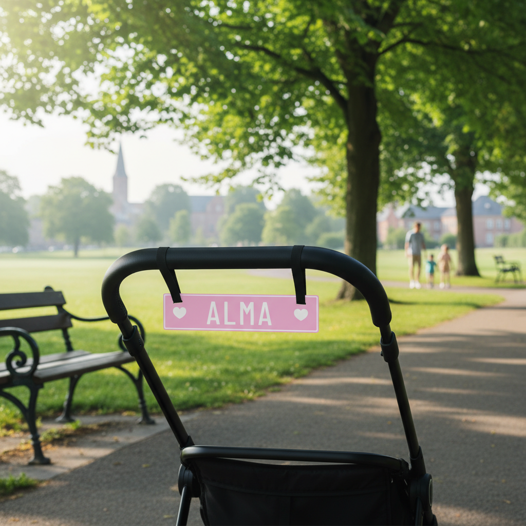 Baby nummerplade skilt til barnevogn med navn - lyserød med hjerter - Billede 9