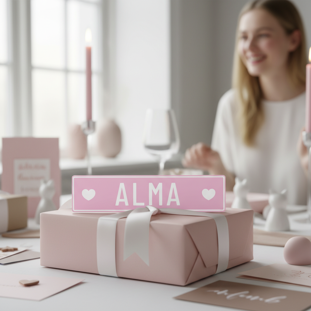 Baby nummerplade skilt til barnevogn med navn - lyserød med hjerter - Billede 2