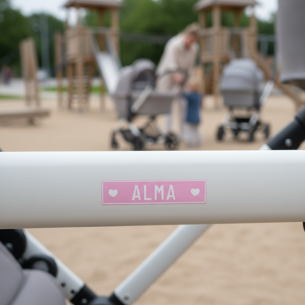 Baby nummerplade skilt til barnevogn med navn - lyserød med hjerter - Billede 8