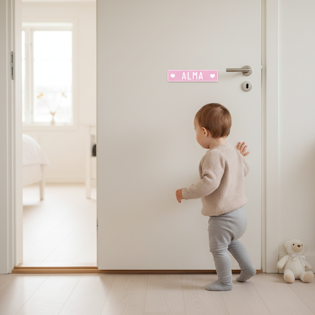 Baby nummerplade skilt til barnevogn med navn - lyserød med hjerter - Billede 7