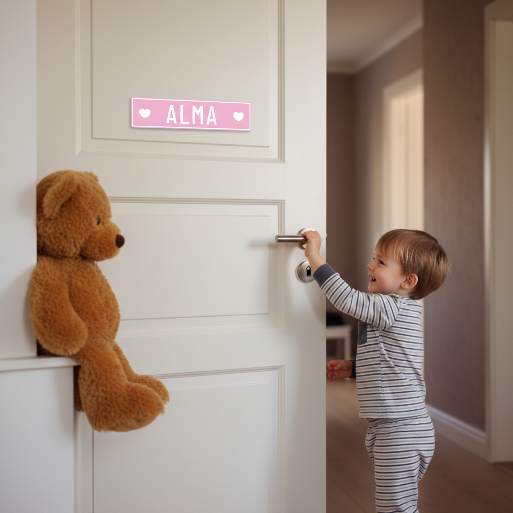 Baby nummerplade skilt til barnevogn med navn - lyserød med hjerter - Billede 5