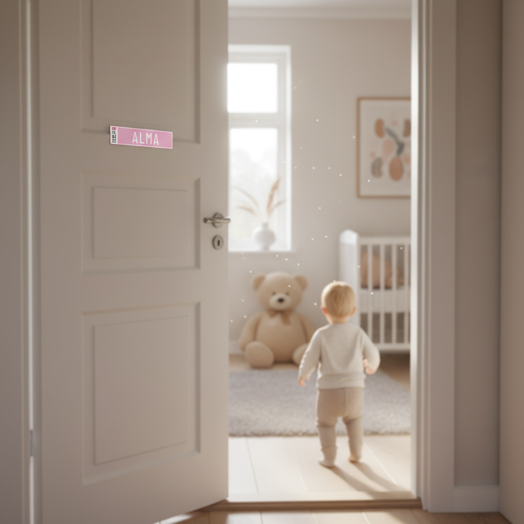 Baby nummerplade skilt til barnevogn med navn og fødselsdato - lyserød - Billede 2