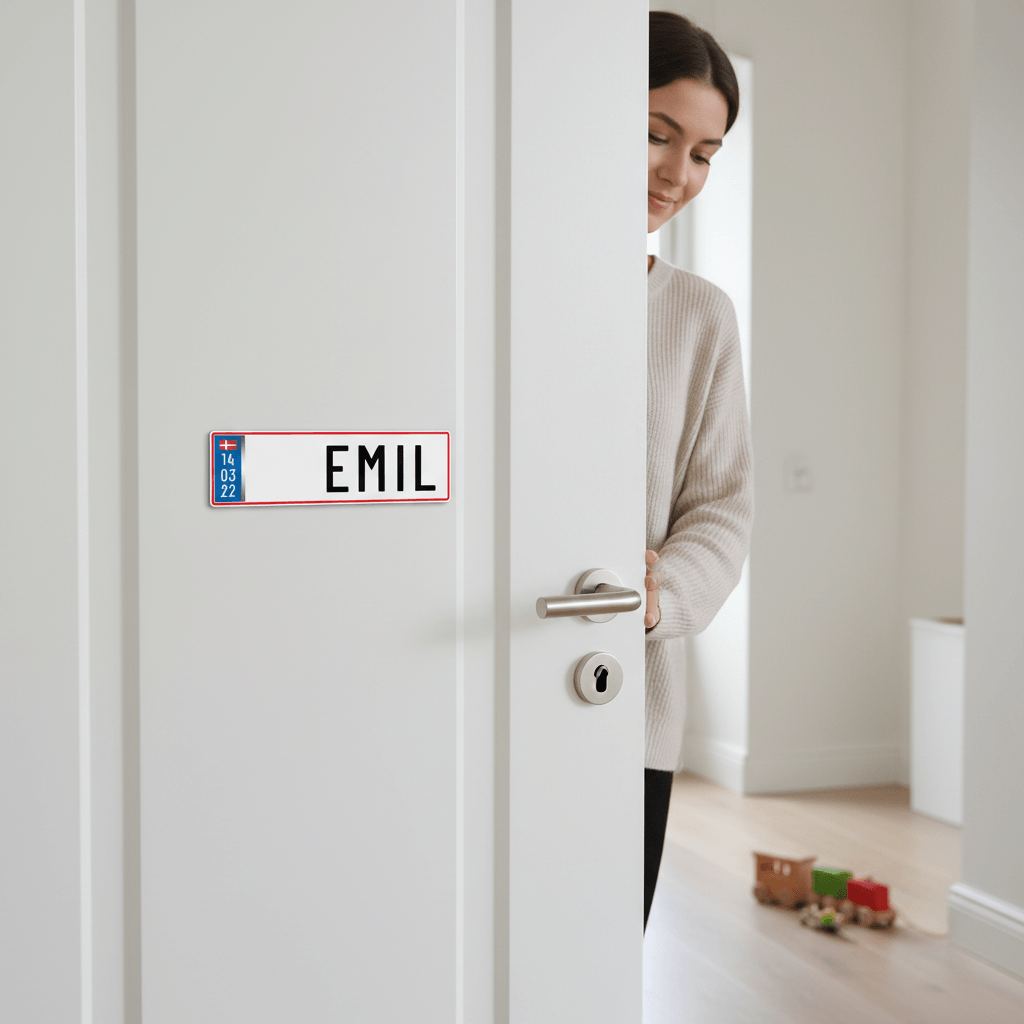 DK nummerplade skilt / fødselstavle til barnevogn med navn og fødselsdato - Billede 5