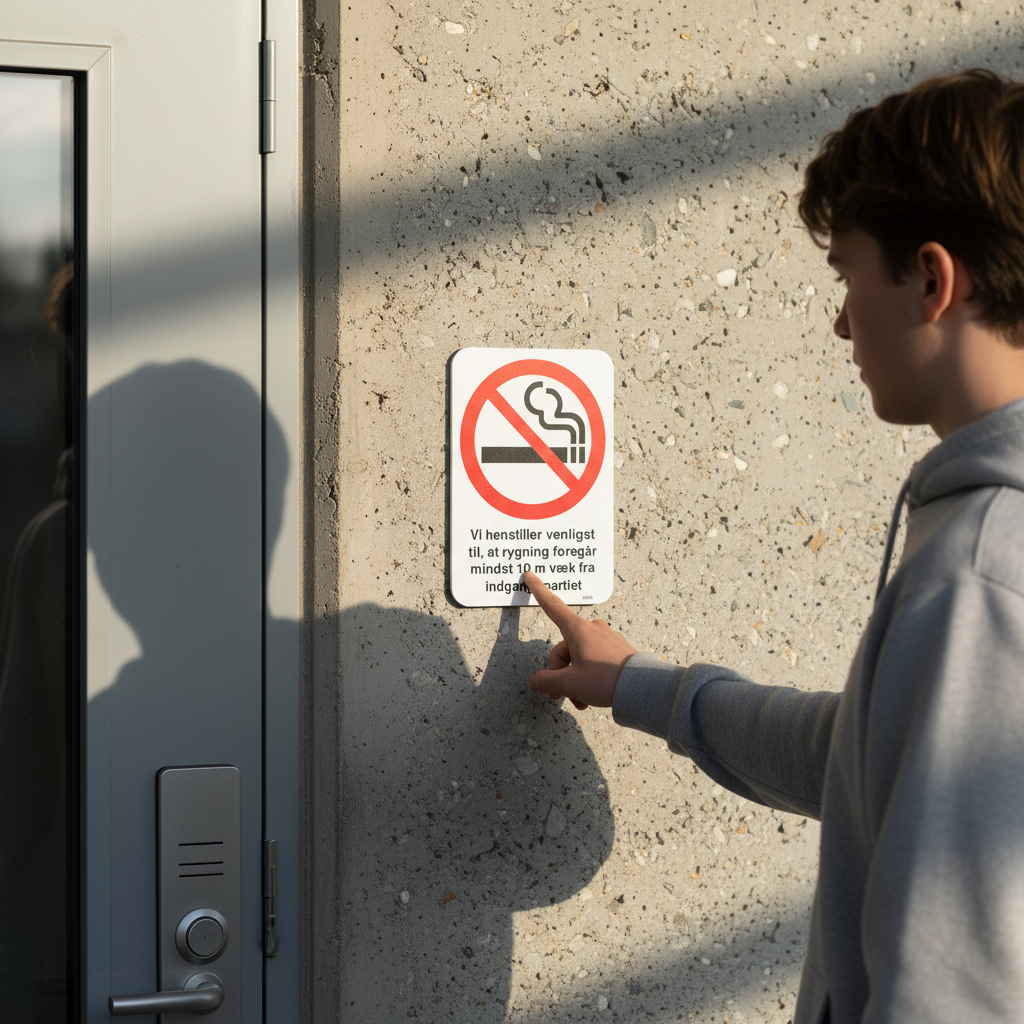 Vi henstiller til at rygning foregår mindst 10 m væk fra indgangspartiet skilt - Billede 5
