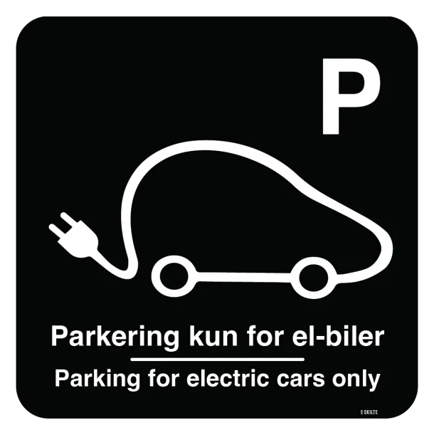 Parkering kun for el-biler Parking for electric cars only Sort. Parkeringsskilt