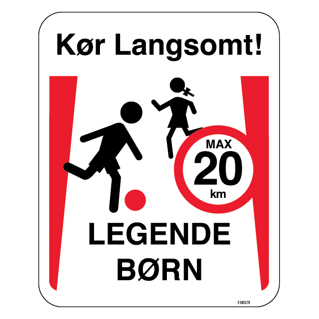 Kør langsomt legende børn max 20 km. skilt