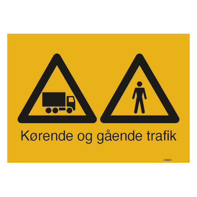 Gående og kørende lastbil trafik. Skilt