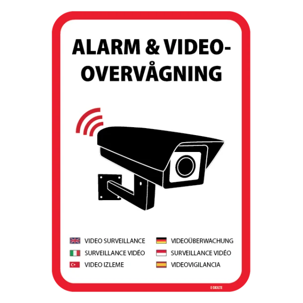 Alarm og videovervågning skilt på flere sprog