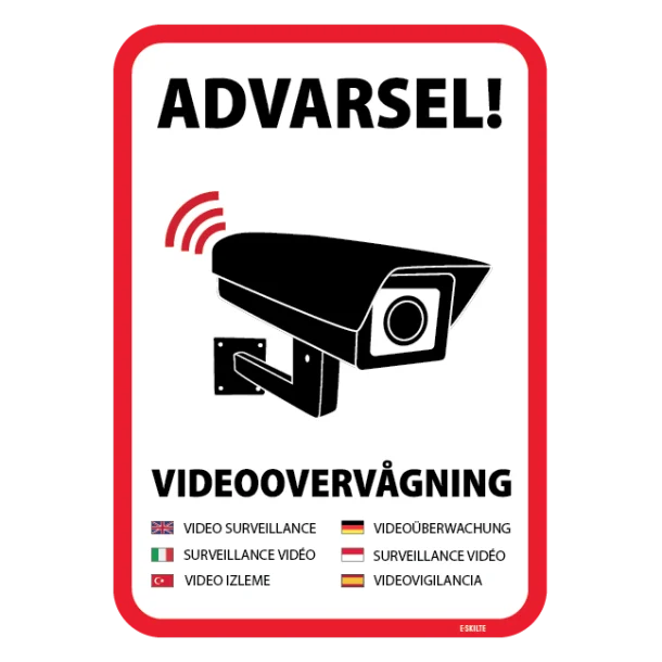 Advarsel! Videoovervågning på syv sprog skilt