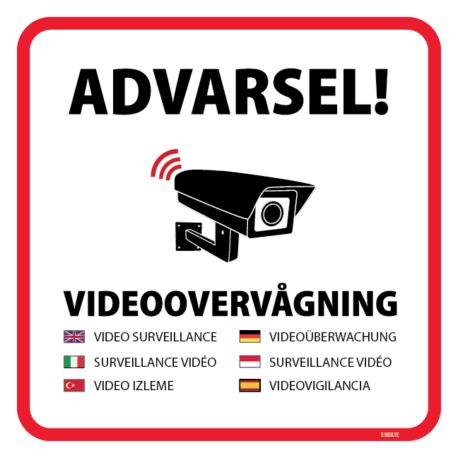 Advarsel! Videoovervågning 7 sprog skilt